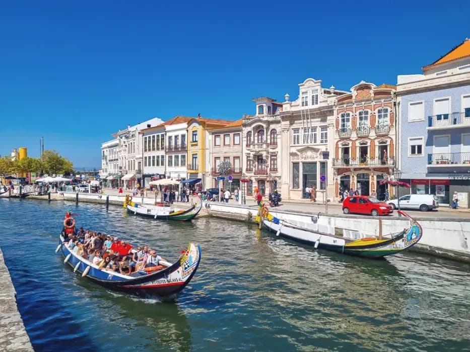Aveiro canals with traditional moliceiro boats and colourful waterfront houses, Portugal