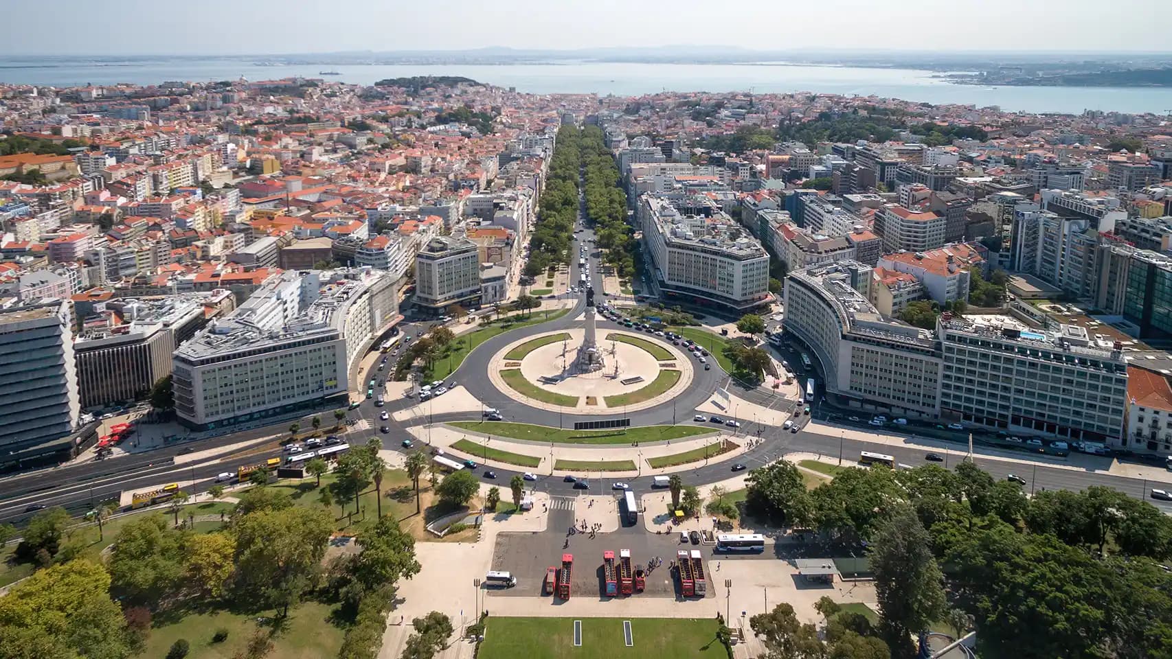 Aerial view of Marquis of Pombal Square and Avenida da Liberdade in Lisbon