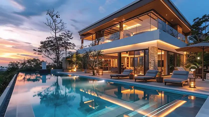 Luxury home with pool at sunset, property reservation step in Portugal