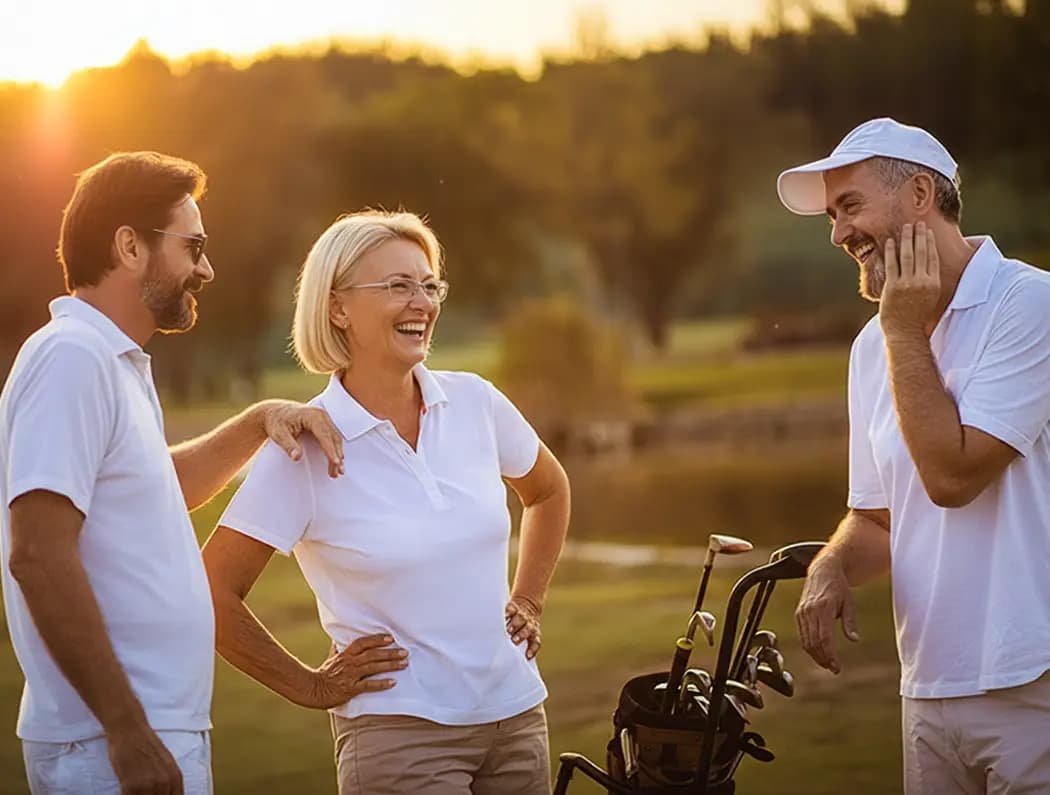 A group of golfers chatting at sunset after finishing their round.