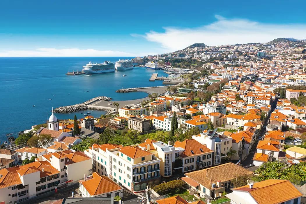 Aerial view: Funchal harbour, Madeira, and surrounding areas.