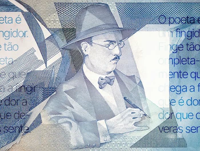 Close-up of an engraving with the portrait of the Portuguese poet Fernando Pessoa