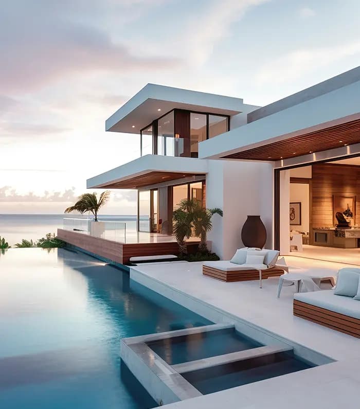 A modern villa at sunset by the sea