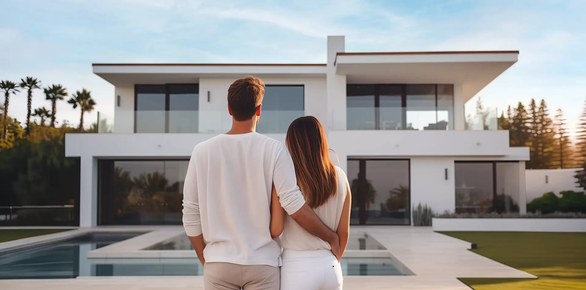 A couple admiring their newly acquired modern villa in Portugal